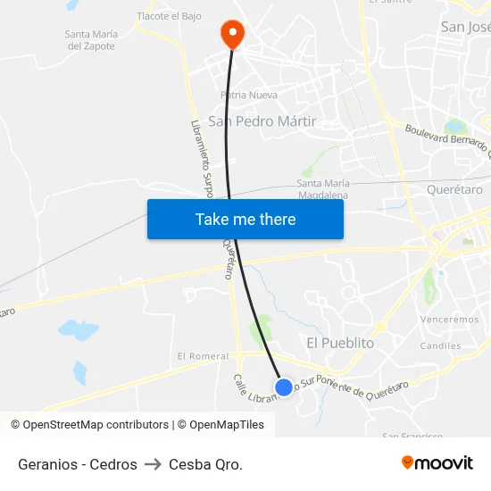 Geranios - Cedros to Cesba Qro. map