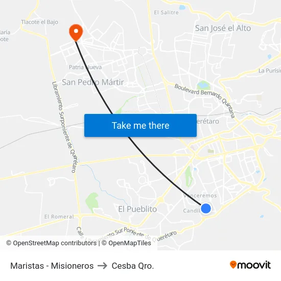 Maristas - Misioneros to Cesba Qro. map