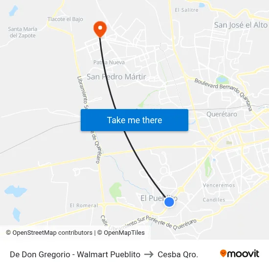 De Don Gregorio - Walmart Pueblito to Cesba Qro. map