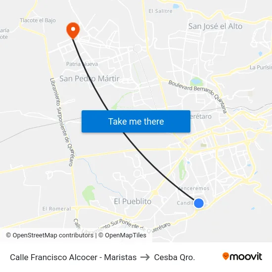 Calle Francisco Alcocer - Maristas to Cesba Qro. map