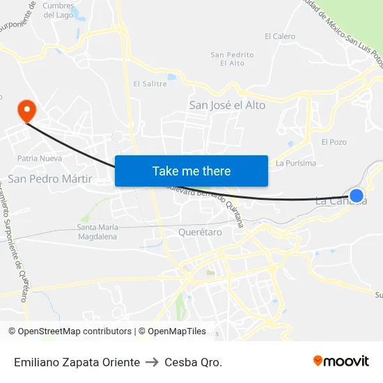 Emiliano Zapata Oriente to Cesba Qro. map