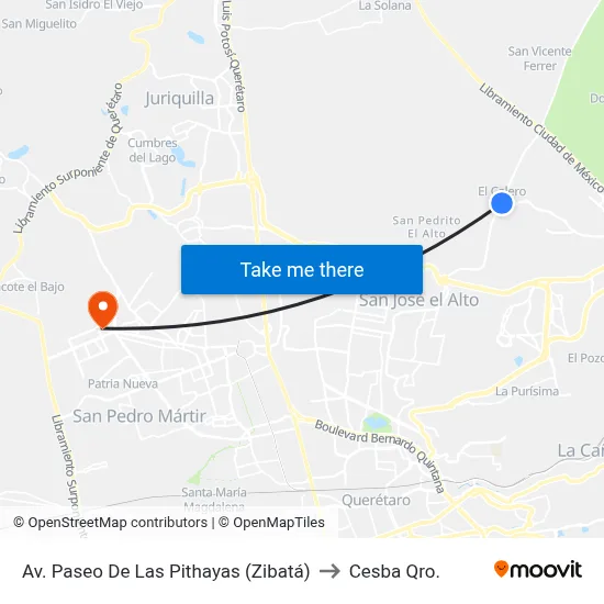 Av. Paseo De Las Pithayas (Zibatá) to Cesba Qro. map