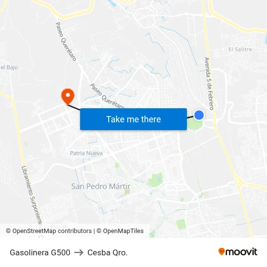 Gasolinera G500 to Cesba Qro. map