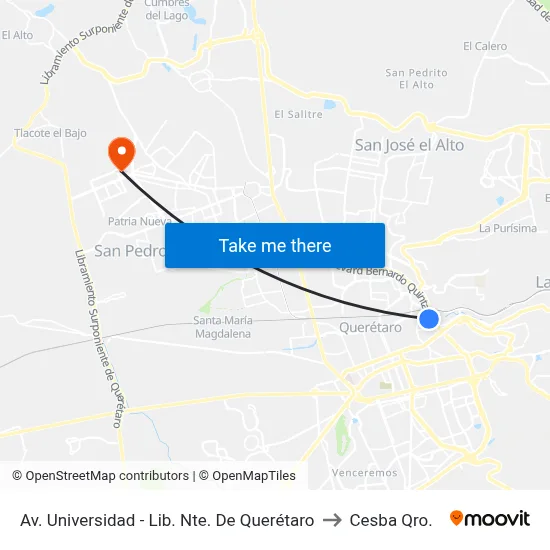 Av. Universidad - Lib. Nte. De Querétaro to Cesba Qro. map
