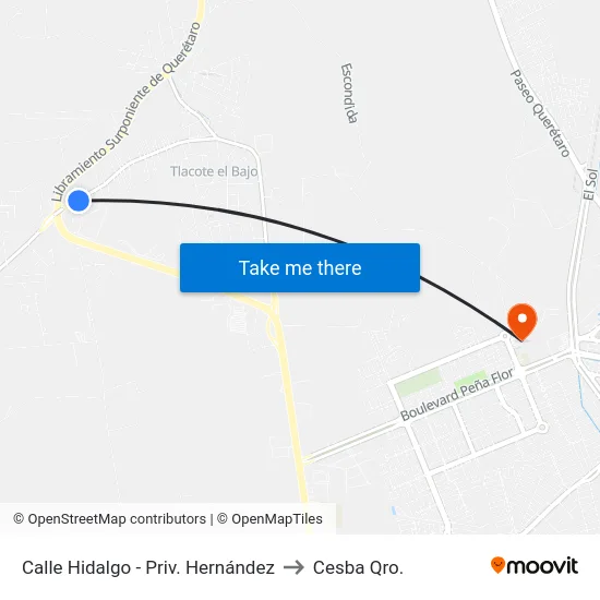 Calle Hidalgo - Priv. Hernández to Cesba Qro. map