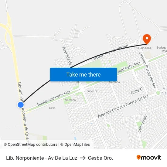 Lib. Norponiente - Av De La Luz to Cesba Qro. map