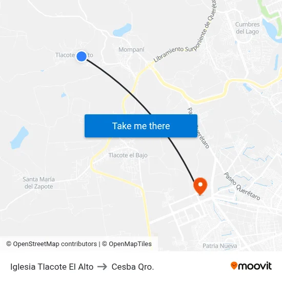Iglesia Tlacote El Alto to Cesba Qro. map
