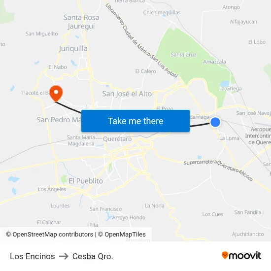 Los Encinos to Cesba Qro. map
