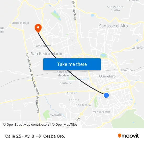 Calle 25 - Av. 8 to Cesba Qro. map
