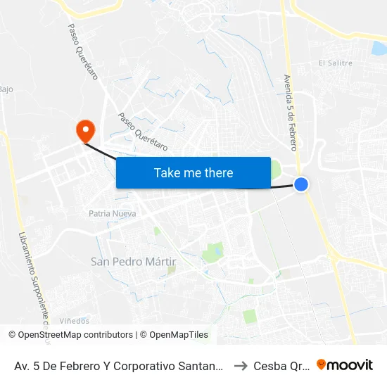 Av. 5 De Febrero Y Corporativo Santander to Cesba Qro. map