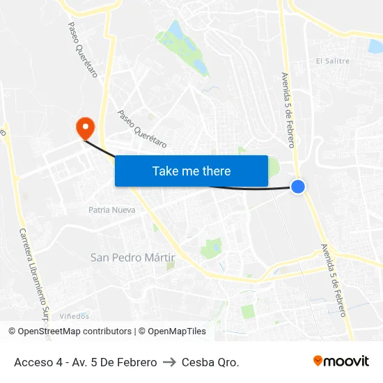 Acceso 4 - Av. 5 De Febrero to Cesba Qro. map