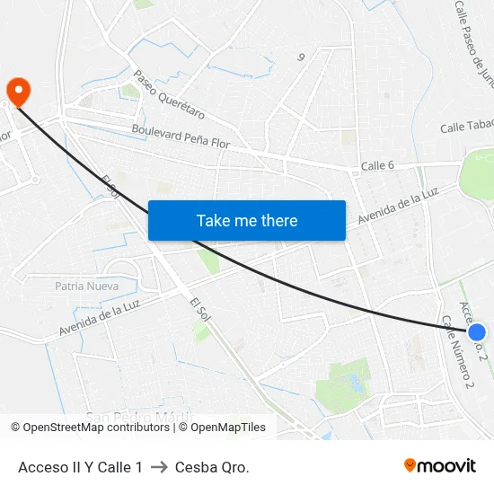 Acceso II Y Calle 1 to Cesba Qro. map
