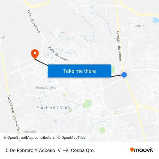 5 De Febrero Y Acceso IV to Cesba Qro. map