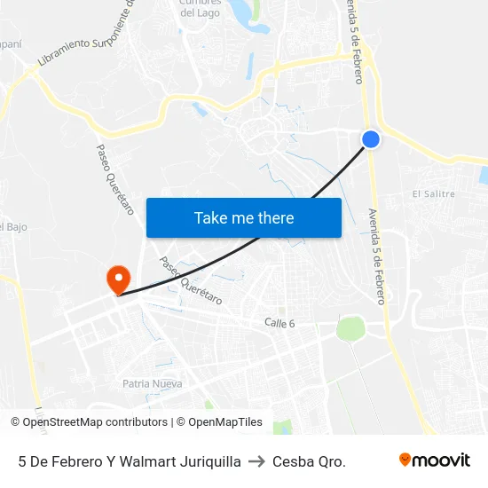 5 De Febrero Y Walmart Juriquilla to Cesba Qro. map
