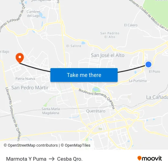 Marmota Y Puma to Cesba Qro. map