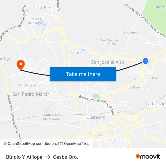 Av. Búfalo - Av. Antílope to Cesba Qro. map