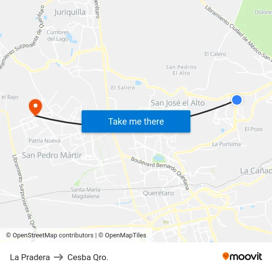 La Pradera to Cesba Qro. map