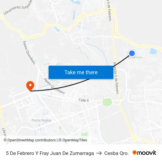 5 De Febrero Y Fray Juan De Zumarraga to Cesba Qro. map