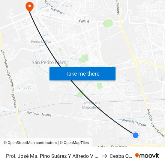 Prol. José Ma. Pino Suárez Y Alfredo V Bonfil to Cesba Qro. map