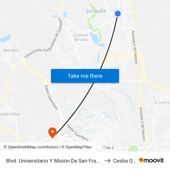 Blvd. Universitario Y Misión De San Francisco to Cesba Qro. map