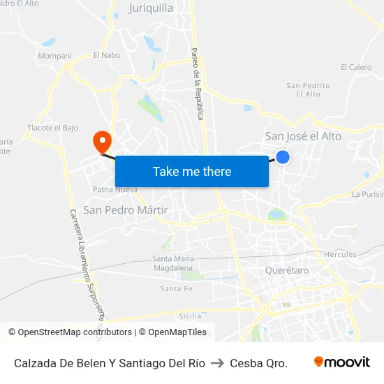 Calzada De Belen Y Santiago Del Río to Cesba Qro. map
