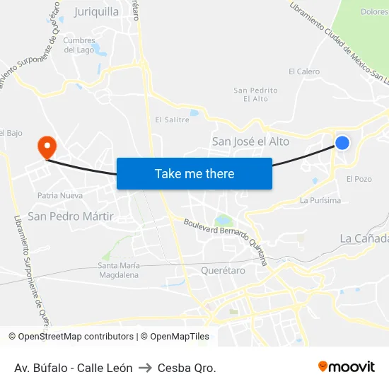 Av. Búfalo - Calle León to Cesba Qro. map