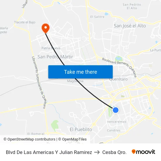 Blvd De Las Americas Y Julian Ramirez to Cesba Qro. map