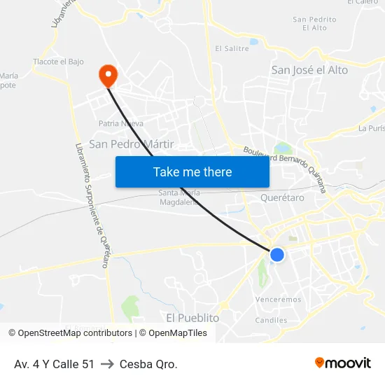 Av. 4 Y Calle 51 to Cesba Qro. map
