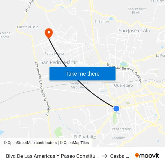 Blvd De Las Americas Y Paseo Constituyentes to Cesba Qro. map
