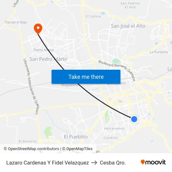 Lazaro Cardenas Y Fidel Velazquez to Cesba Qro. map