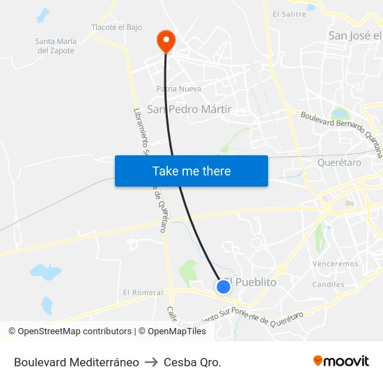 Boulevard Mediterráneo to Cesba Qro. map