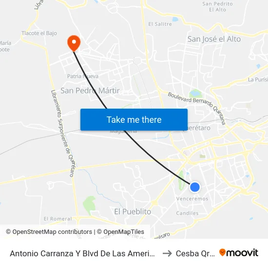 Antonio Carranza Y Blvd De Las Americas to Cesba Qro. map