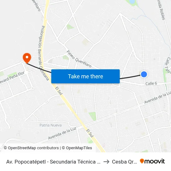 Av. Popocatépetl - Secundaria Técnica 14 to Cesba Qro. map