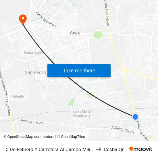 5 De Febrero Y Carretera Al Campo Militar to Cesba Qro. map