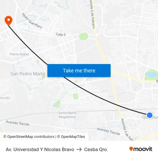 Av. Universidad - Calle Nicolas Bravo to Cesba Qro. map