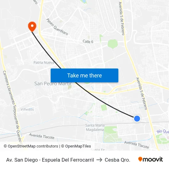Av. San Diego - Espuela Del Ferrocarril to Cesba Qro. map