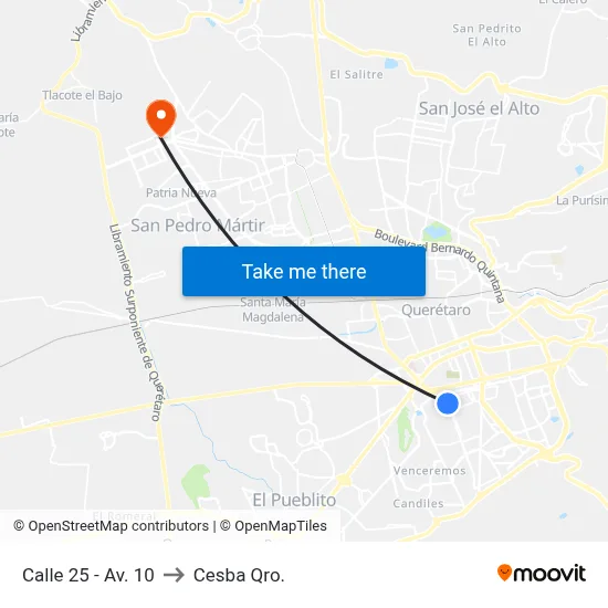 Calle 25 - Av. 10 to Cesba Qro. map