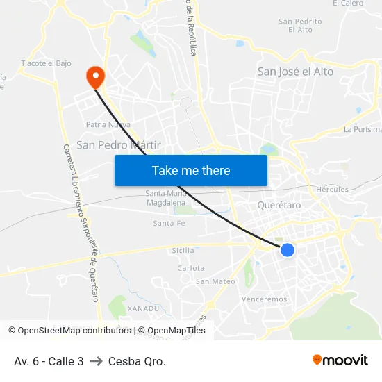 Av. 6 - Calle 3 to Cesba Qro. map
