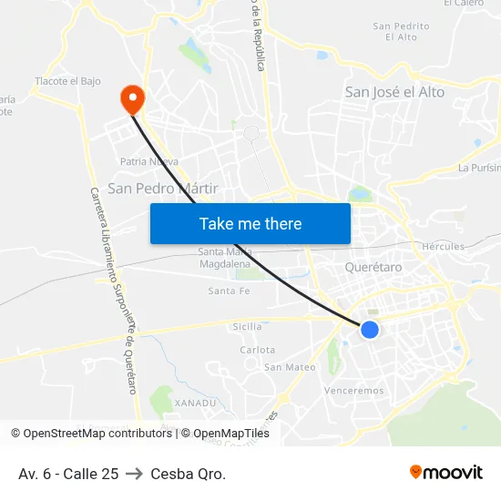 Av. 6 - Calle 25 to Cesba Qro. map