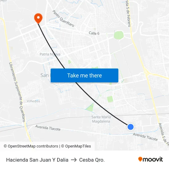 Hacienda San Juan  Y Dalia to Cesba Qro. map