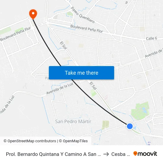 Prol. Bernardo Quintana - Plaza Milenio to Cesba Qro. map