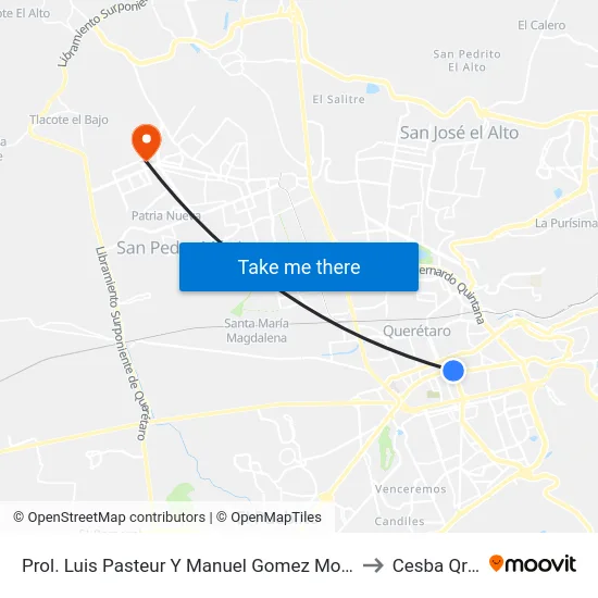 Prol. Luis Pasteur Y Manuel Gomez Morin to Cesba Qro. map