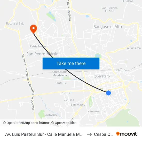 Av. Luis Pasteur Sur - Calle Manuela Medina to Cesba Qro. map