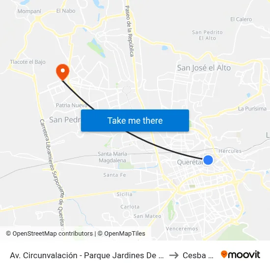 Av. Circunvalación - Parque Jardines De Querétaro to Cesba Qro. map