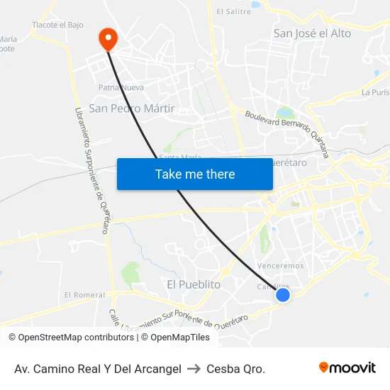 Av. Camino Real Y Del Arcangel to Cesba Qro. map