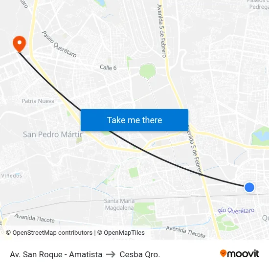 Av. San Roque - Amatista to Cesba Qro. map