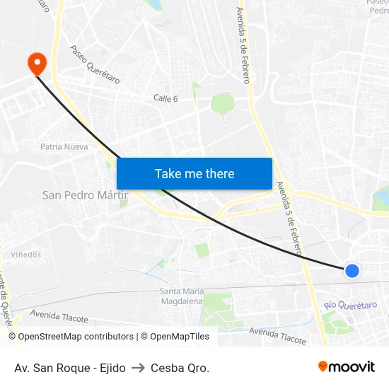 Av. San Roque - Ejido to Cesba Qro. map