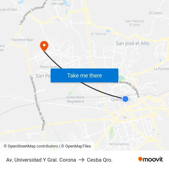 Av. Universidad Y Gral. Corona to Cesba Qro. map
