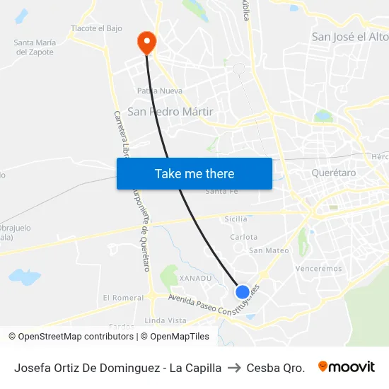 Josefa Ortiz De Dominguez - La Capilla to Cesba Qro. map