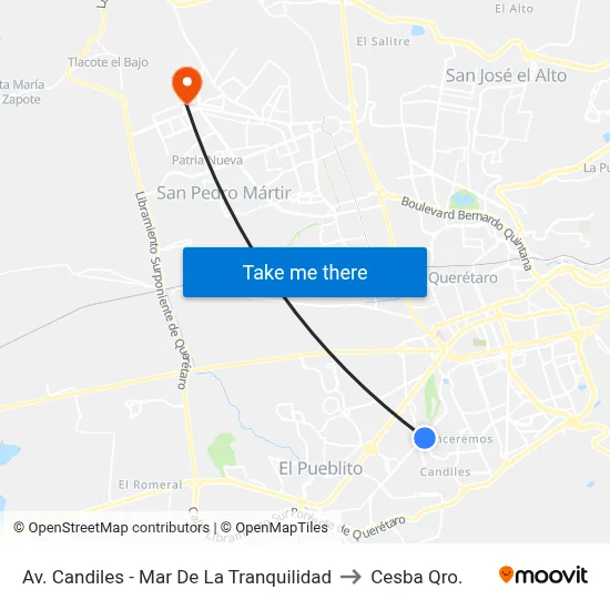 Av. Candiles - Mar De La Tranquilidad to Cesba Qro. map